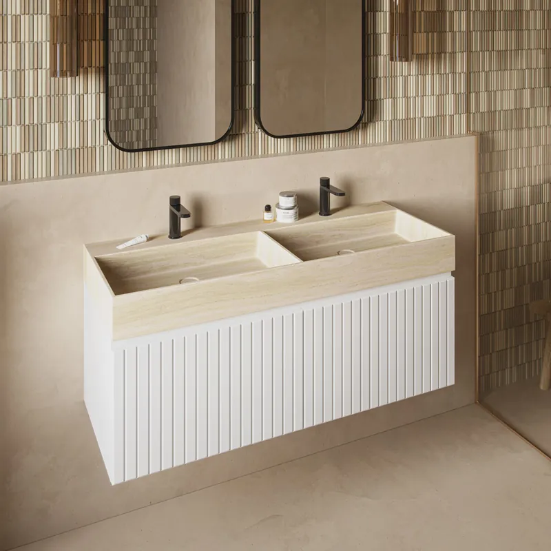 Fontana White Travertin badmeubel 120cm mat wit met ribbelfront met kraangaten Merkproduct