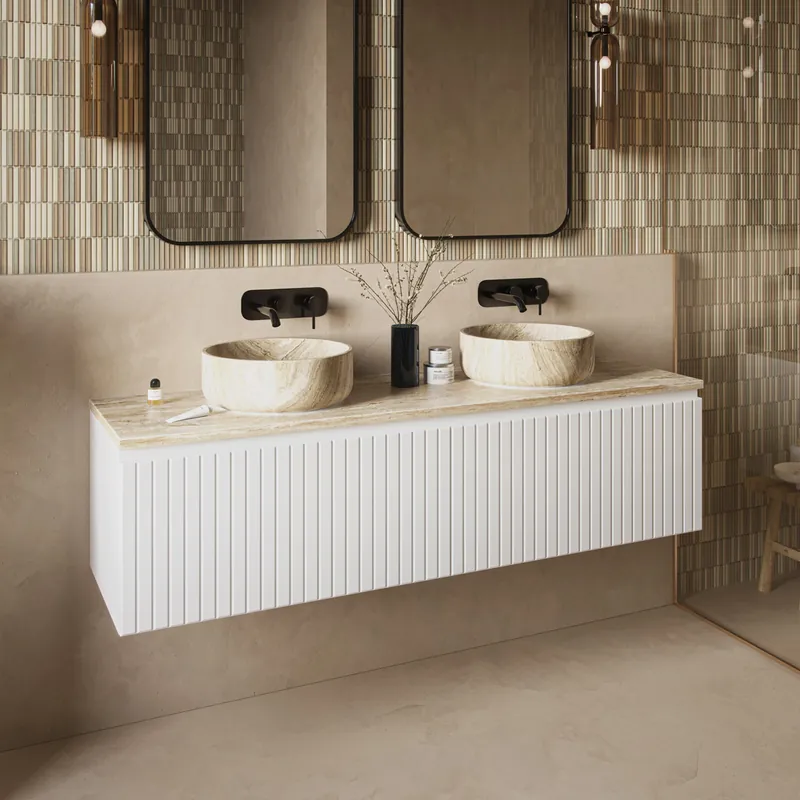 Bestseller Fontana White Travertin badmeubel 160cm mat wit met ribbelfront en toppaneel met ronde waskommen