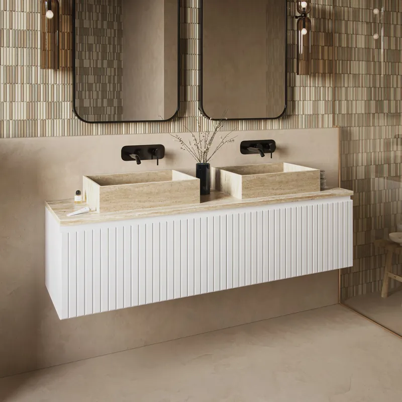 Fontana White Travertin badmeubel 160cm mat wit met ribbelfront en toppaneel met rechthoekige waskommen Rechtstreeks Van De Fabrikant