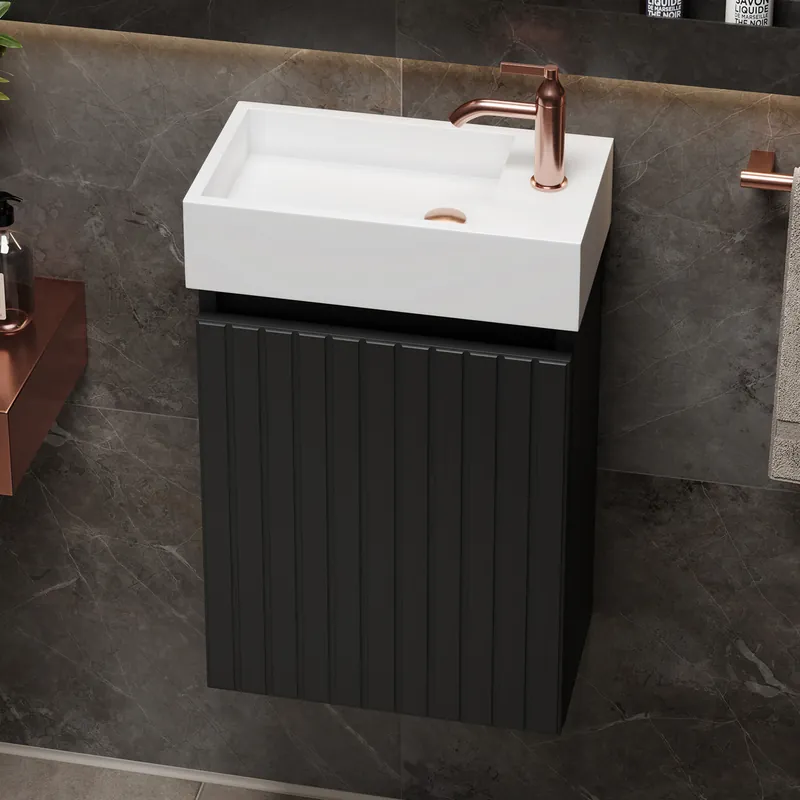 Fontana Alaska toiletmeubel ribbelfront mat zwart 40x22cm met solid surface fontein rechts Wereldwijde Verzending
