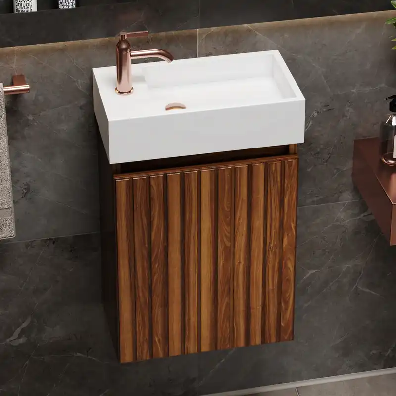 Fontana Alaska toiletmeubel ribbelfront walnoot 40x22cm met solid surface fontein links Speciale Aanbieding