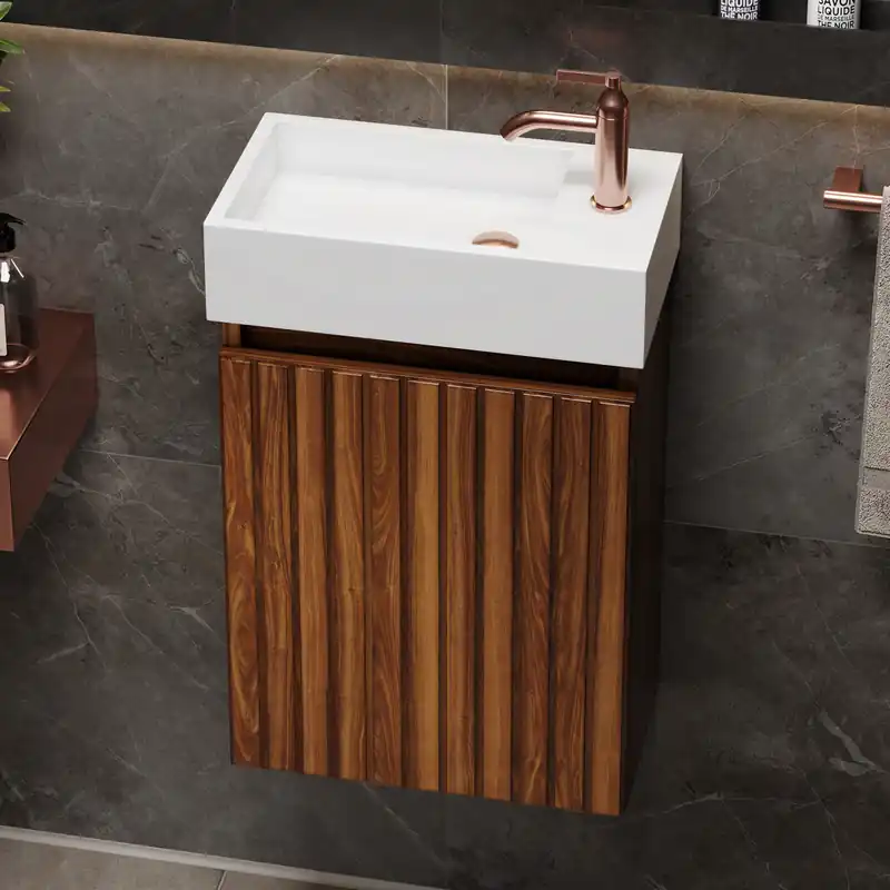 Handgemaakt Fontana Alaska toiletmeubel ribbelfront walnoot 40x22cm met solid surface fontein rechts
