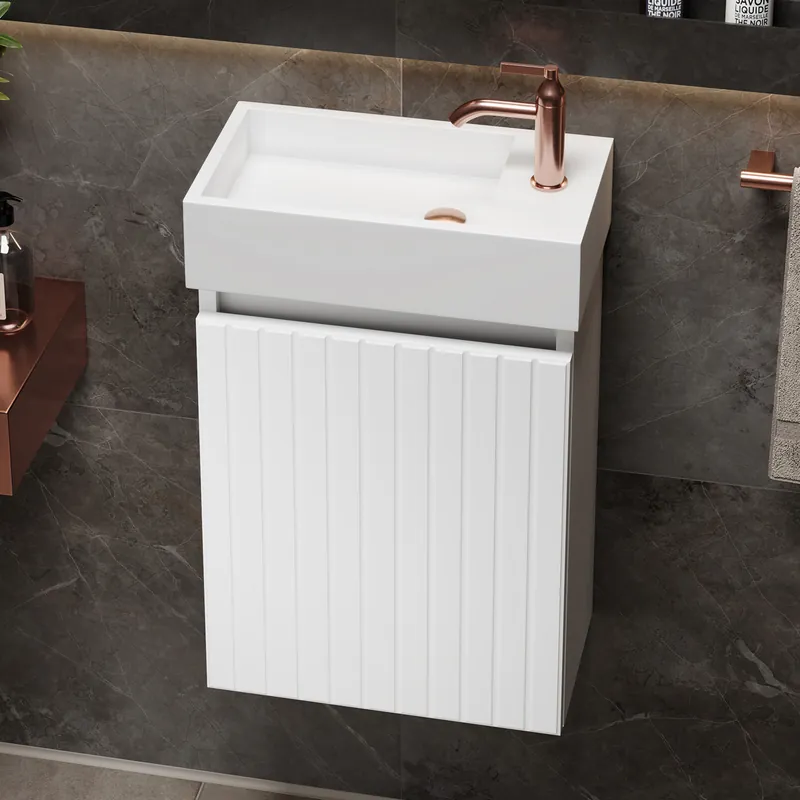 Lage Kosten Fontana Alaska toiletmeubel ribbelfront mat wit 40x22cm met solid surface fontein rechts