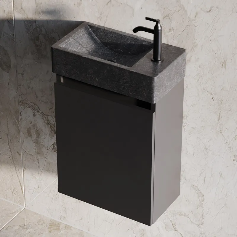Authentiek Fontana Recto toiletmeubel mat zwart 40x22cm met natuurstenen fontein rechts