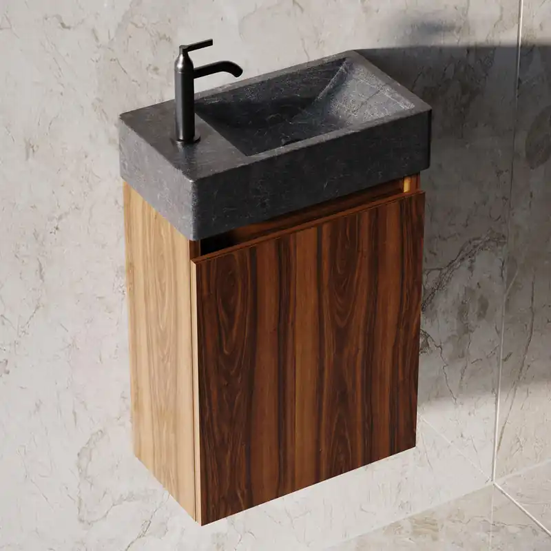 Ambachtelijk Fontana Recto toiletmeubel walnoot 40x22cm met natuurstenen fontein links
