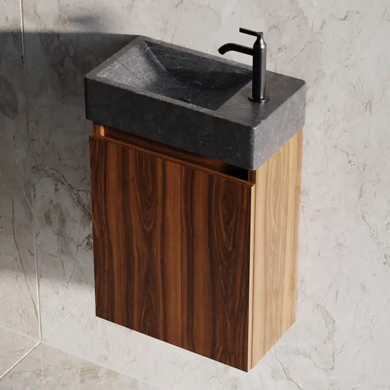 Fontana Recto toiletmeubel walnoot 40x22cm met natuurstenen fontein rechts Aanbieding