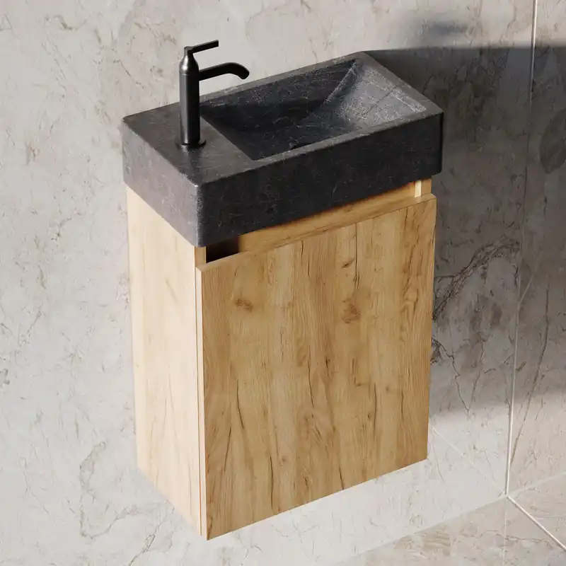 Rechtstreeks Van De Fabrikant Fontana Recto toiletmeubel warm eiken 40x22cm met natuurstenen fontein links