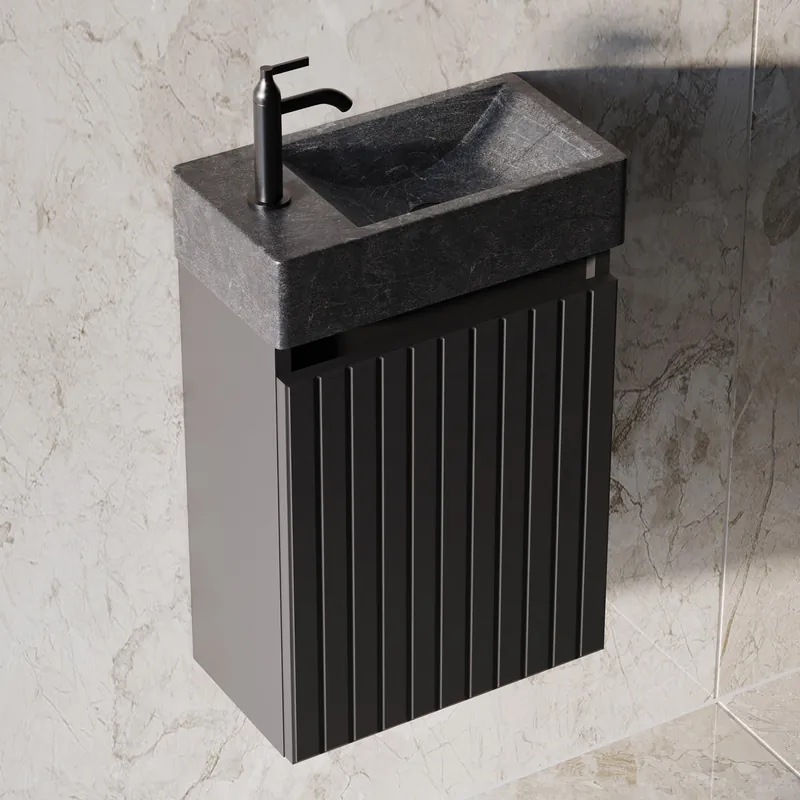 Fontana Recto toiletmeubel ribbelfront mat zwart 40x22cm met natuurstenen fontein links Superprijs