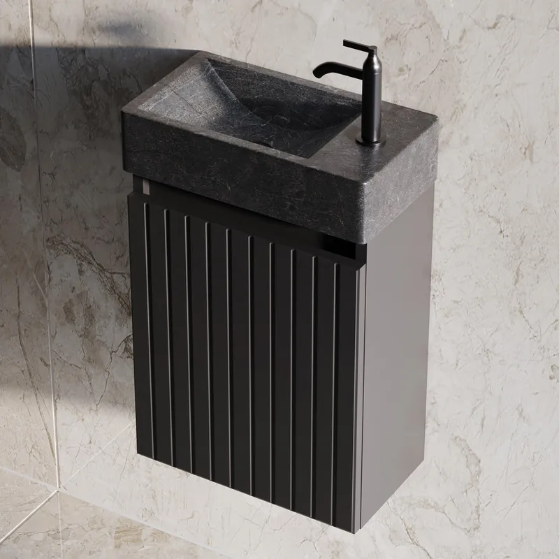 Groothandel Fontana Recto toiletmeubel ribbelfront mat zwart 40x22cm met natuurstenen fontein rechts
