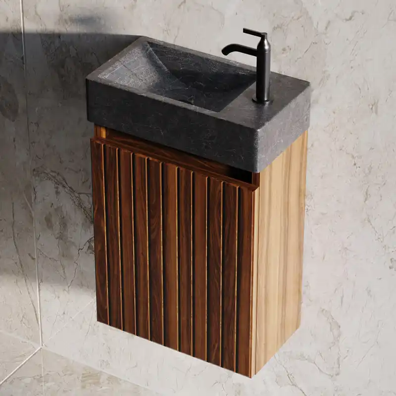 Fontana Recto toiletmeubel ribbelfront walnoot 40x22cm met natuurstenen fontein rechts Fabrieksprijs