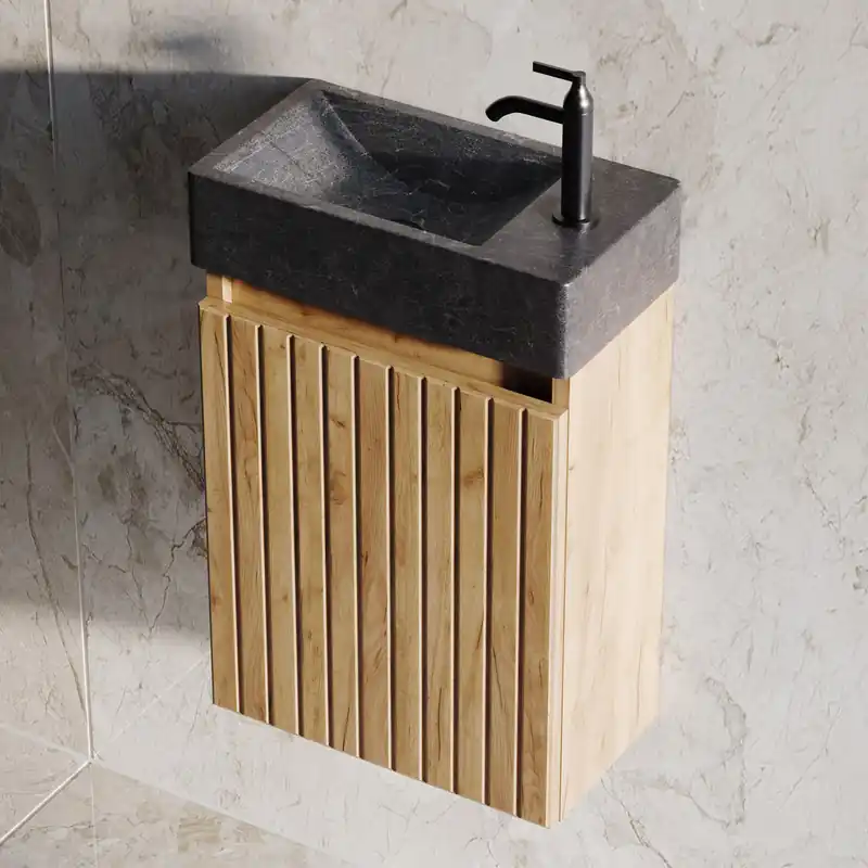 Garantie Inbegrepen Fontana Recto toiletmeubel ribbelfront warm eiken 40x22cm met natuurstenen fontein rechts