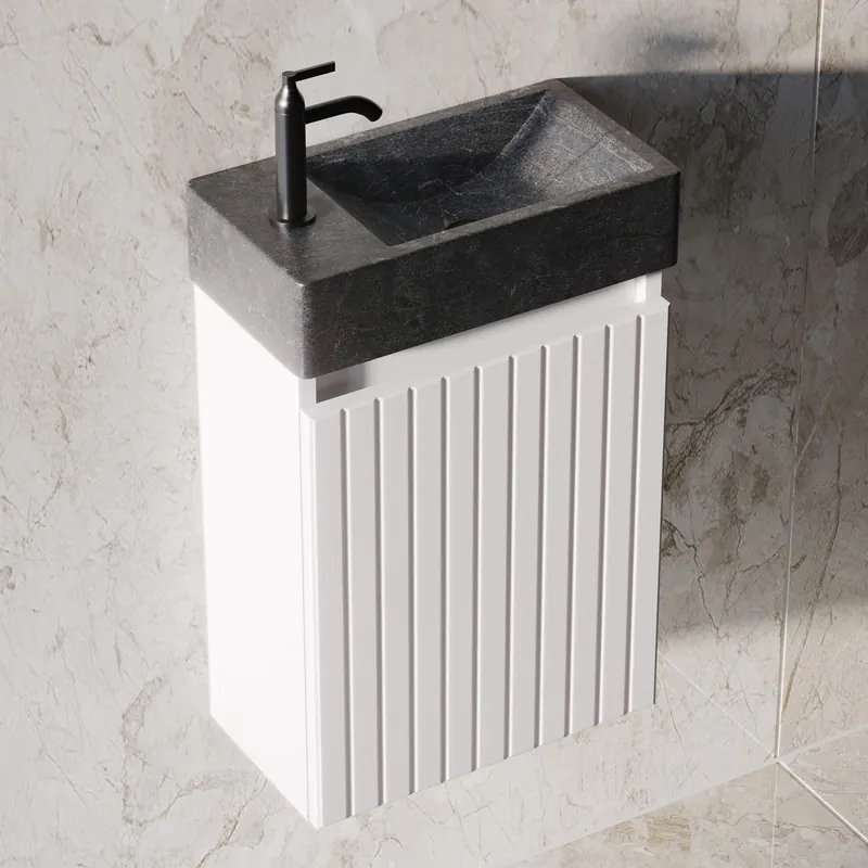 Laatste Kans Fontana Recto toiletmeubel ribbelfront mat wit 40x22cm met natuurstenen fontein links
