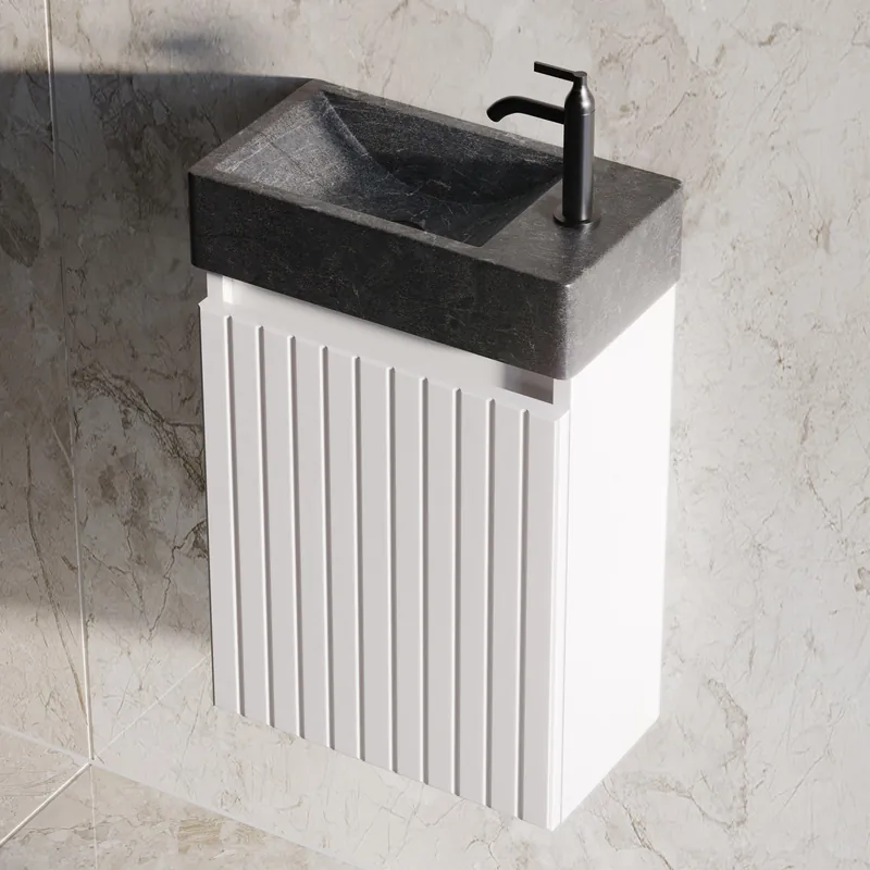 Fontana Recto toiletmeubel ribbelfront mat wit 40x22cm met natuurstenen fontein rechts Populair
