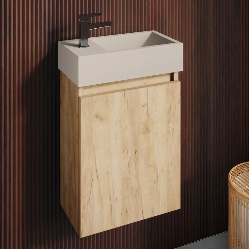 Fontana Crest toiletmeubel warm eiken 40x22cm met beige fontein links Beperkt Aanbod