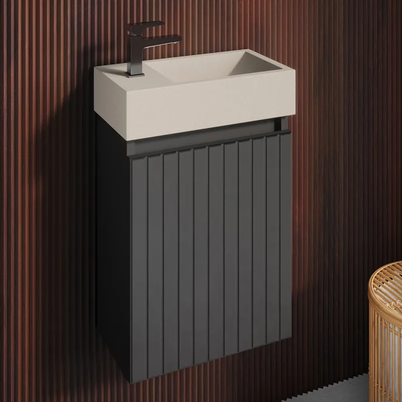 Fontana Crest toiletmeubel ribbelfront mat zwart 40x22cm met beige fontein links Koop Online