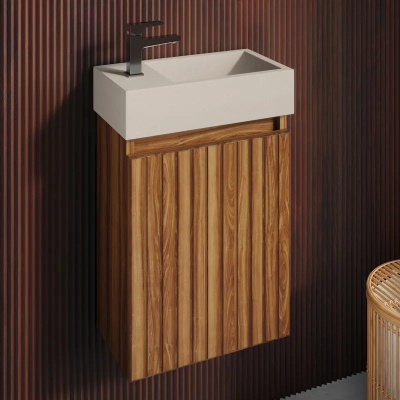 Favoriet Fontana Crest toiletmeubel ribbelfront walnoot 40x22cm met beige fontein links