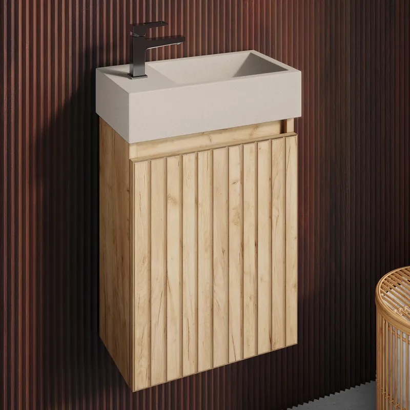 Fontana Crest toiletmeubel ribbelfront warm eiken 40x22cm met beige fontein links Nu Kopen