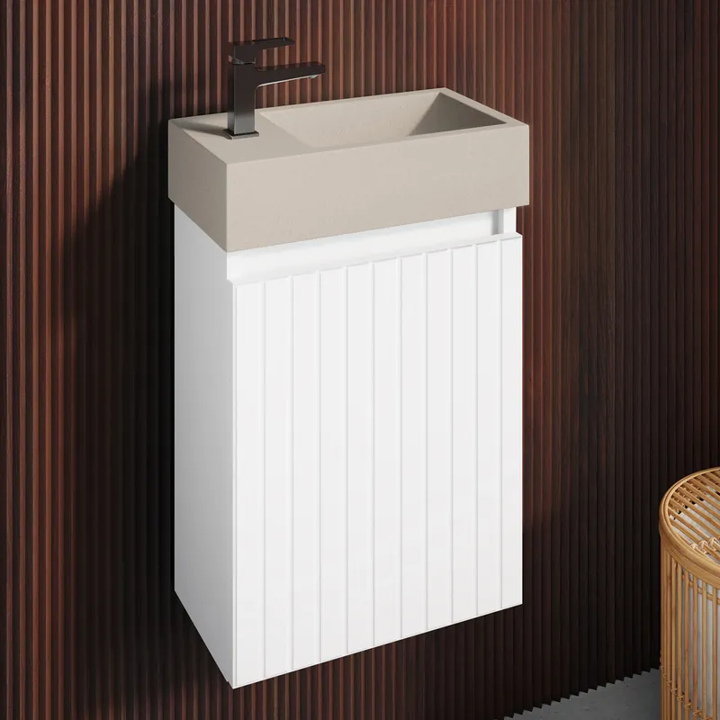 Favoriet Fontana Crest toiletmeubel ribbelfront mat wit 40x22cm met beige fontein links