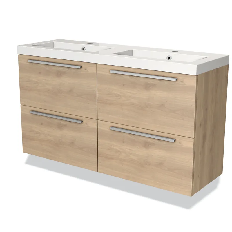 Beste Prijs Modulo Slim Badkamermeubel met wastafel | 120 cm Lichtbruin eiken Vlak front Mineraalmarmer 4 lades