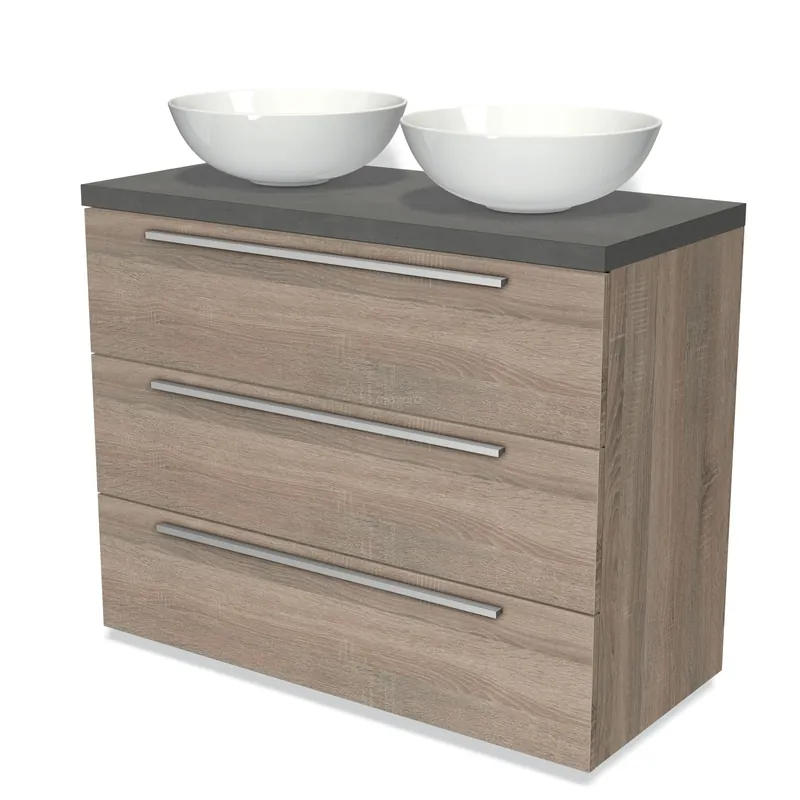 Modulo Plato Badkamermeubel voor waskom | 100 cm Eiken Vlak front Donkergrijs beton blad 3 lades Shop Nu