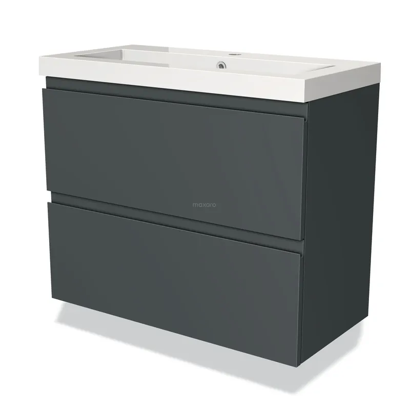 Authentiek Modulo Slim Badkamermeubel met wastafel | 80 cm Donkergrijs Greeploos front Mineraalmarmer 2 lades onder elkaar
