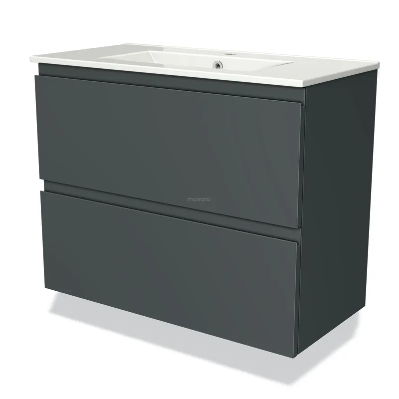 Modulo Slim Badkamermeubel met wastafel | 80 cm Donkergrijs Greeploos front Keramiek 2 lades onder elkaar Beste Prijs