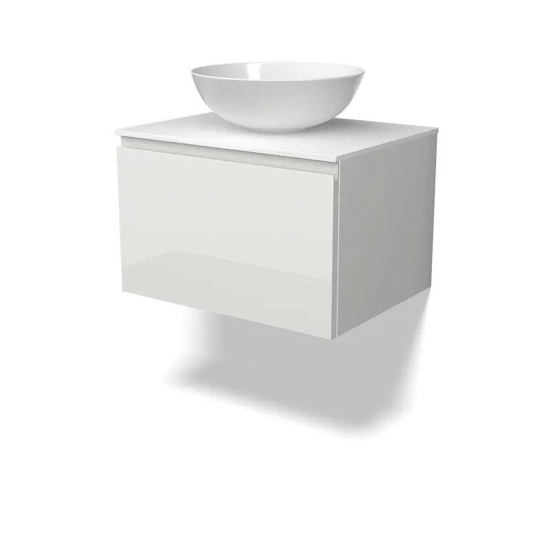 Nu Kopen Modulo Plato Badkamermeubel voor waskom | 60 cm Hoogglans wit Greeploos front Solid surface blad 1 lade