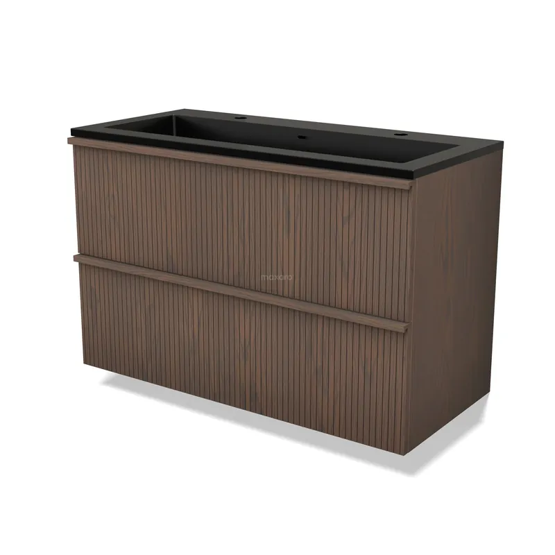 Gecertificeerd Modulo Plus Badkamermeubel met wastafel | 100 cm Cacao eik Ribbel front Quartz 2 lades onder elkaar