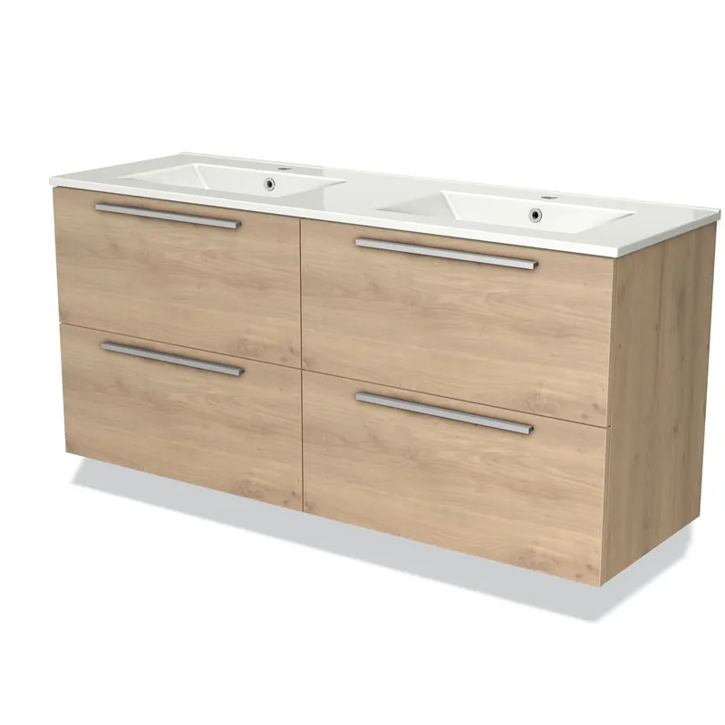 Modulo Badkamermeubel met wastafel | 140 cm Lichtbruin eiken Vlak front Keramiek 4 lades Lage Kosten