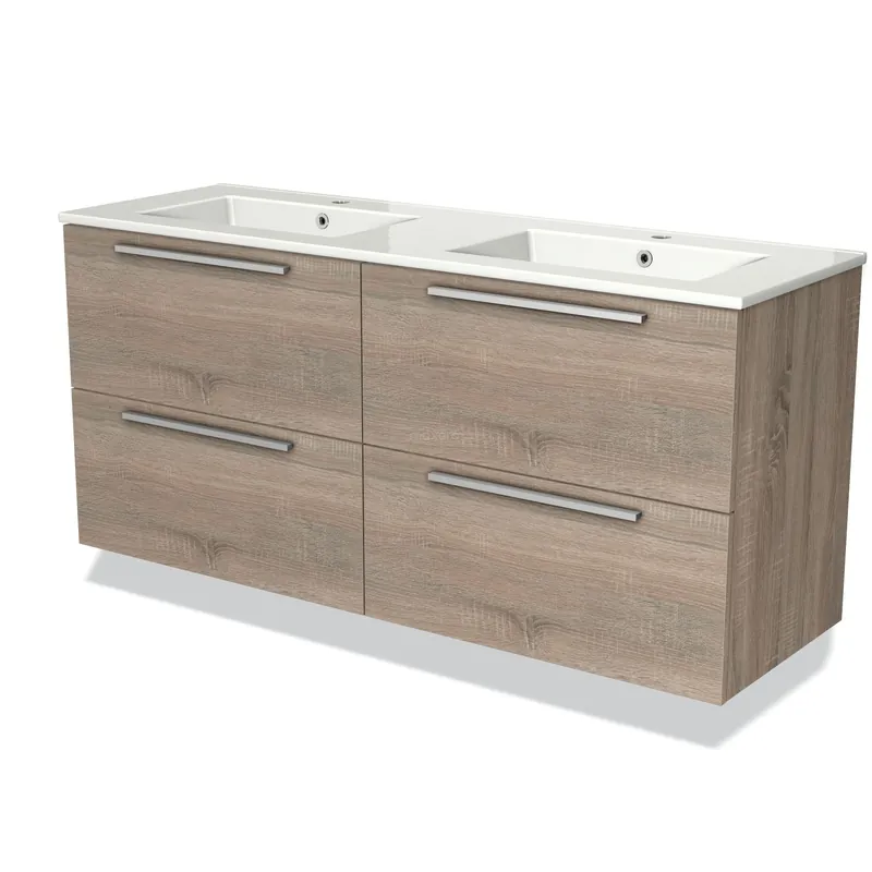 Modulo Badkamermeubel met wastafel | 140 cm Eiken Vlak front Keramiek 4 lades Nieuwe Collectie