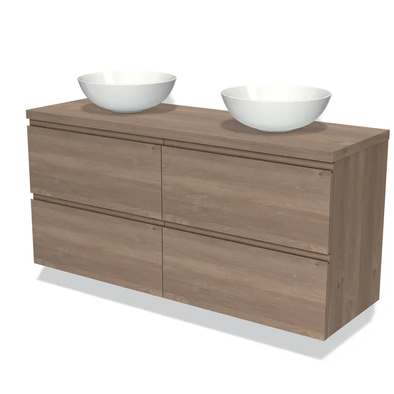 Topkwaliteit Modulo Plato Badkamermeubel voor waskom | 140 cm Middenbruin eiken Greeploos front Middenbruin eiken blad 4 lades