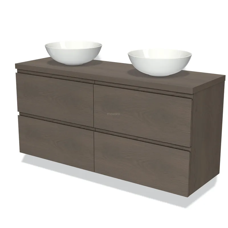 Lage Kosten Modulo Plato Badkamermeubel voor waskom | 140 cm Donkerbruin eiken Greeploos front Donkerbruin eiken blad 4 lades