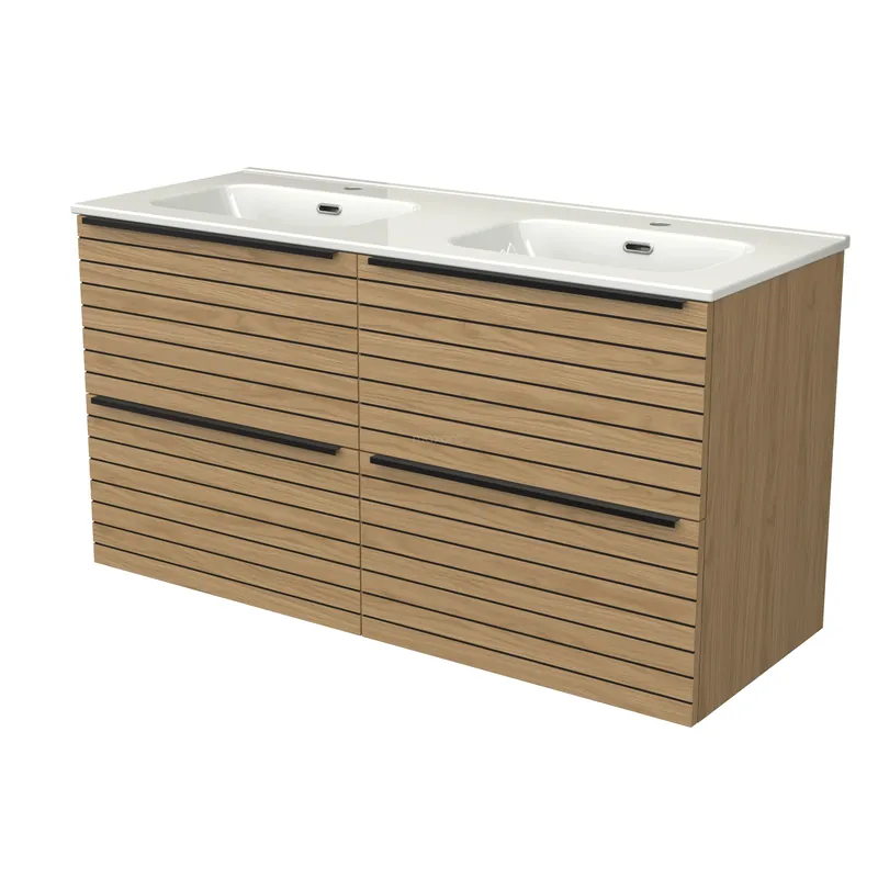 Ambachtelijk Modulo Badkamermeubel met wastafel | 120 cm Naturel fineer Strook front Keramiek 4 lades