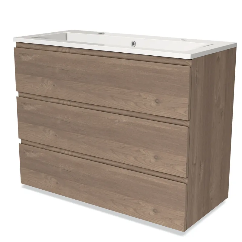 Premium Modulo Badkamermeubel met wastafel | 100 cm Middenbruin eiken Greeploos front Mineraalmarmer 3 lades