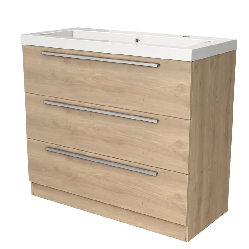 Modulo Badkamermeubel met wastafel | 100 cm Lichtbruin eiken Vlak front Mineraalmarmer 3 lades staand In De Mode