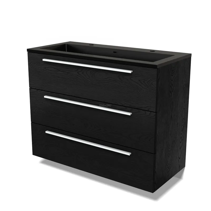 Aanbieding Modulo Badkamermeubel met wastafel | 100 cm Zwart eiken Vlak front Quartz 3 lades