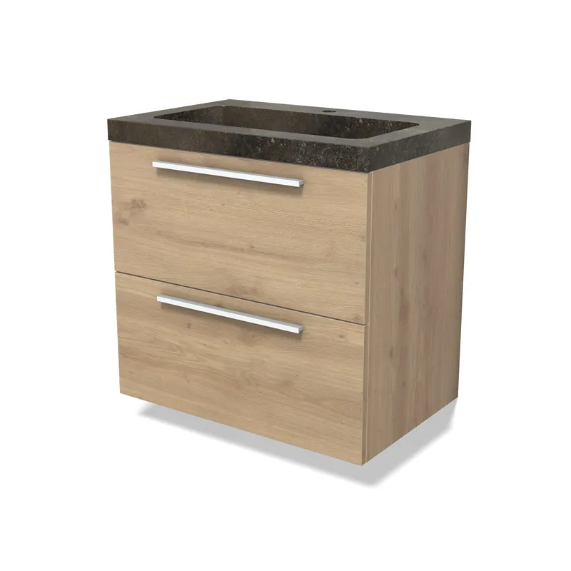 Modulo Badkamermeubel met wastafel | 70 cm Lichtbruin eiken Vlak front Natuursteen 2 lades onder elkaar Origineel