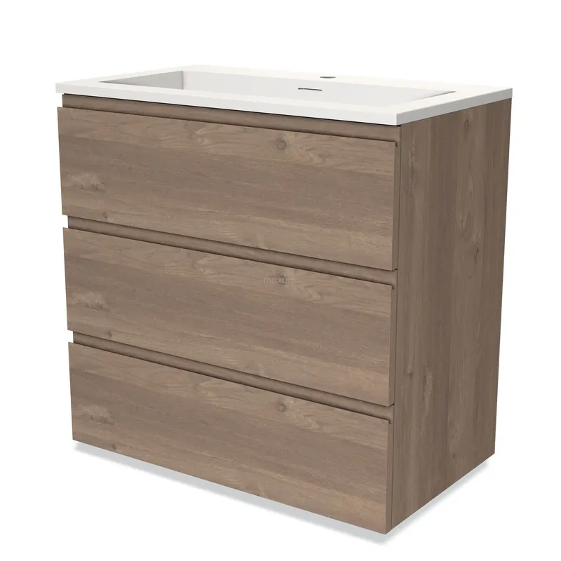 Groothandel Modulo Badkamermeubel met wastafel | 80 cm Middenbruin eiken Greeploos front Solid surface 3 lades