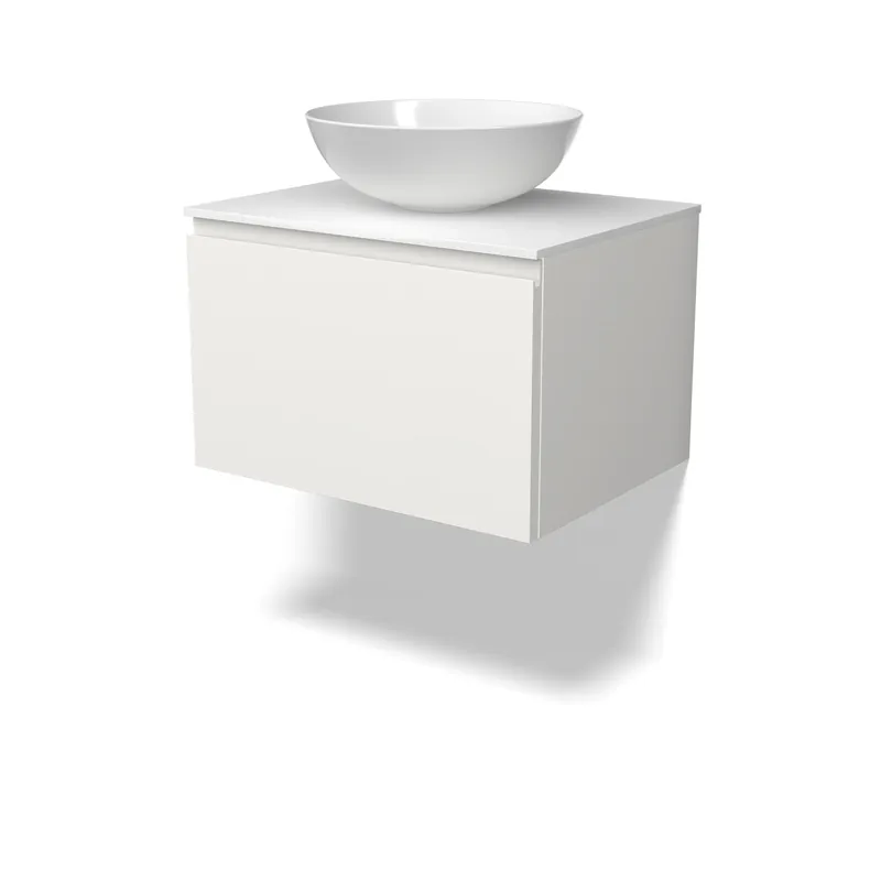 In De Mode Modulo Plato Badkamermeubel voor waskom | 60 cm Mat wit Greeploos front Solid surface blad 1 lade