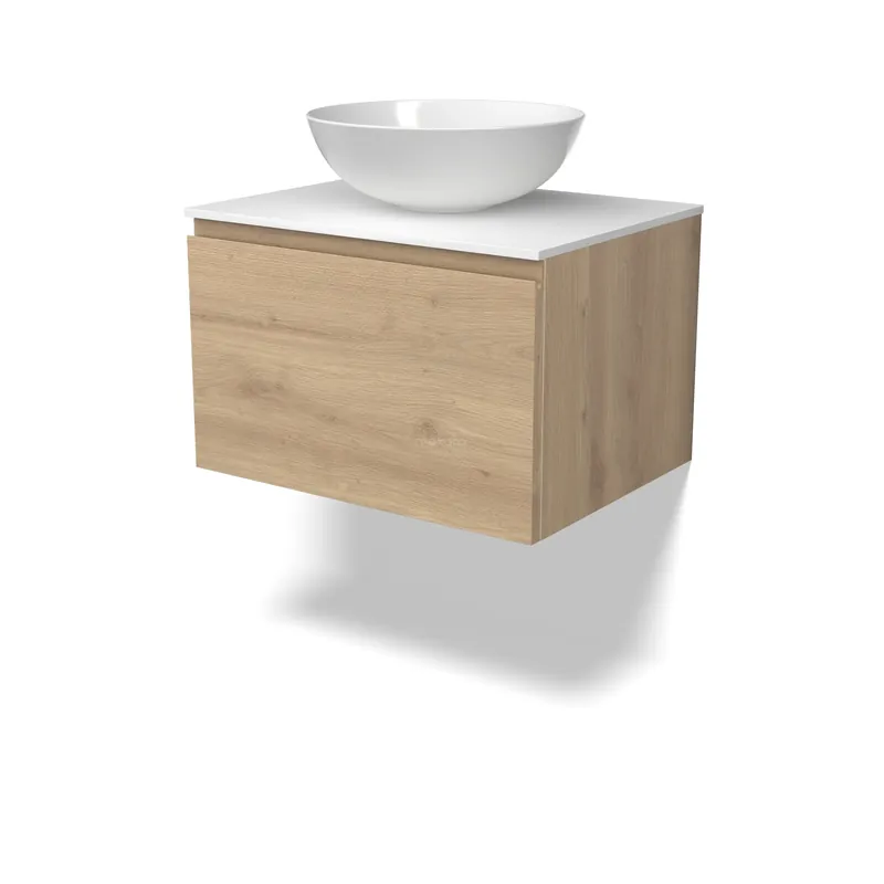 Bulkbestelling Modulo Plato Badkamermeubel voor waskom | 60 cm Lichtbruin eiken Greeploos front Solid surface blad 1 lade