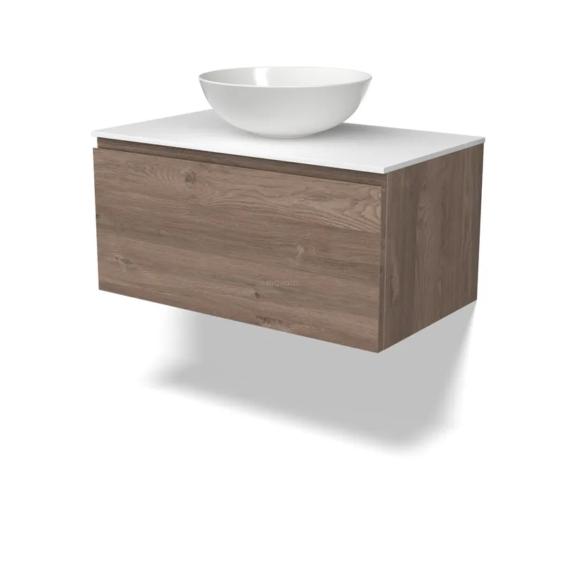 Exclusieve Aanbieding Modulo Plato Badkamermeubel voor waskom | 80 cm Middenbruin eiken Greeploos front Solid surface blad 1 lade