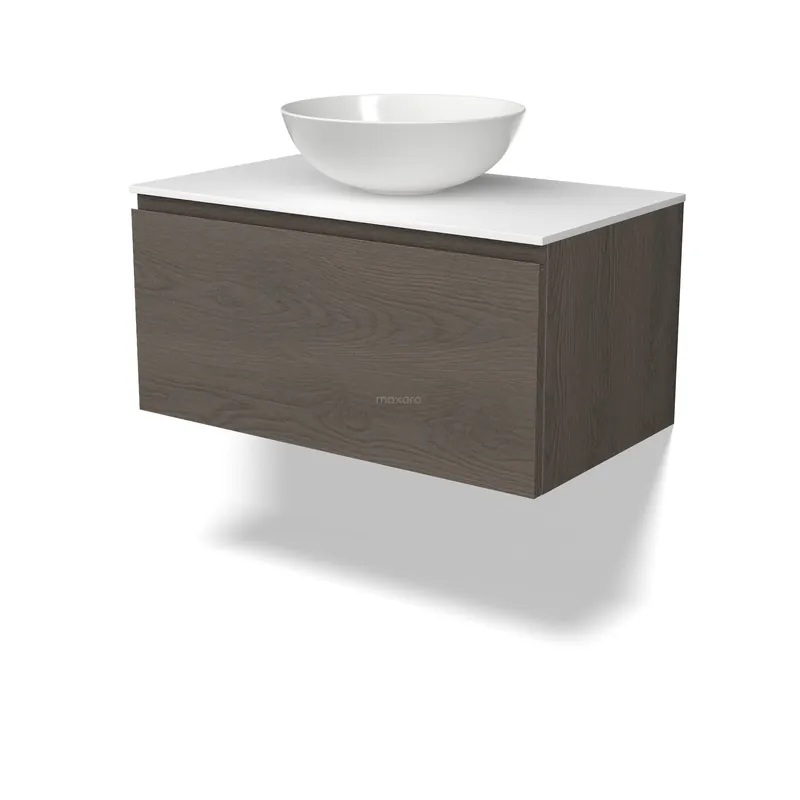 Modulo Plato Badkamermeubel voor waskom | 80 cm Donkerbruin eiken Greeploos front Solid surface blad 1 lade Budget