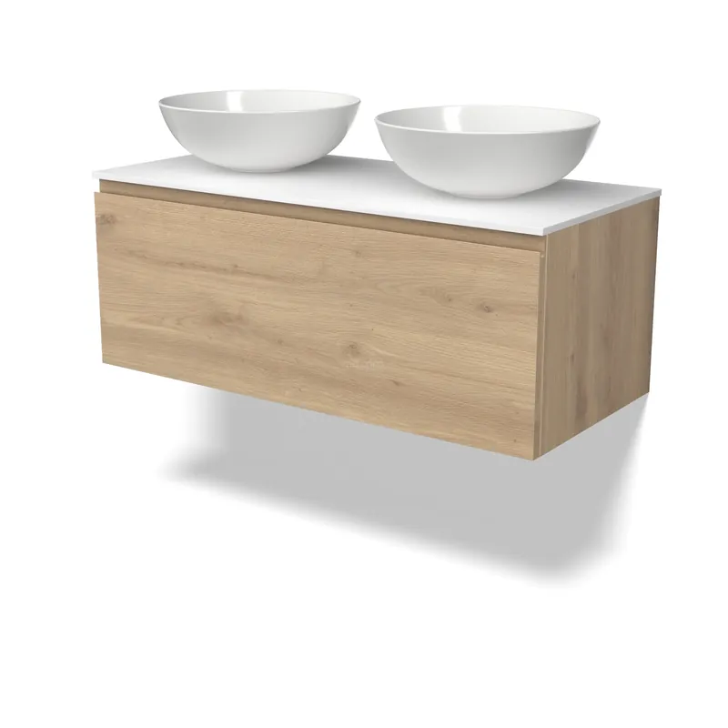 Modulo Plato Badkamermeubel voor waskom | 100 cm Lichtbruin eiken Greeploos front Solid surface blad 1 lade Limited Edition