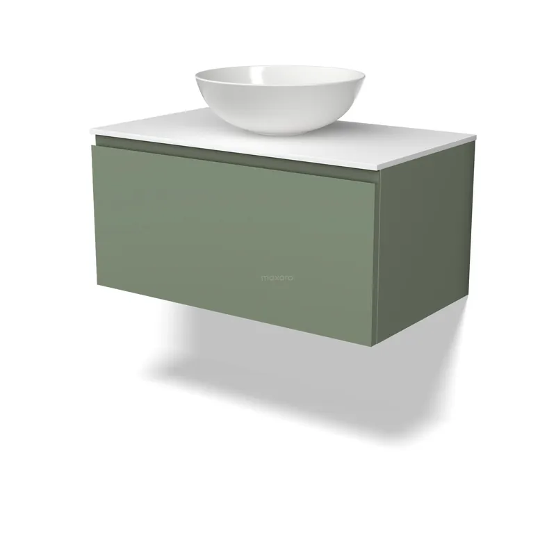 Fabrieksprijs Modulo Plato Badkamermeubel voor waskom | 80 cm Saliegroen Greeploos front Solid surface blad 1 lade