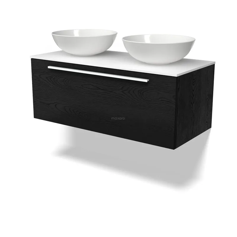 Lage Prijs Modulo Plato Badkamermeubel voor waskom | 100 cm Zwart eiken Vlak front Solid surface blad 1 lade