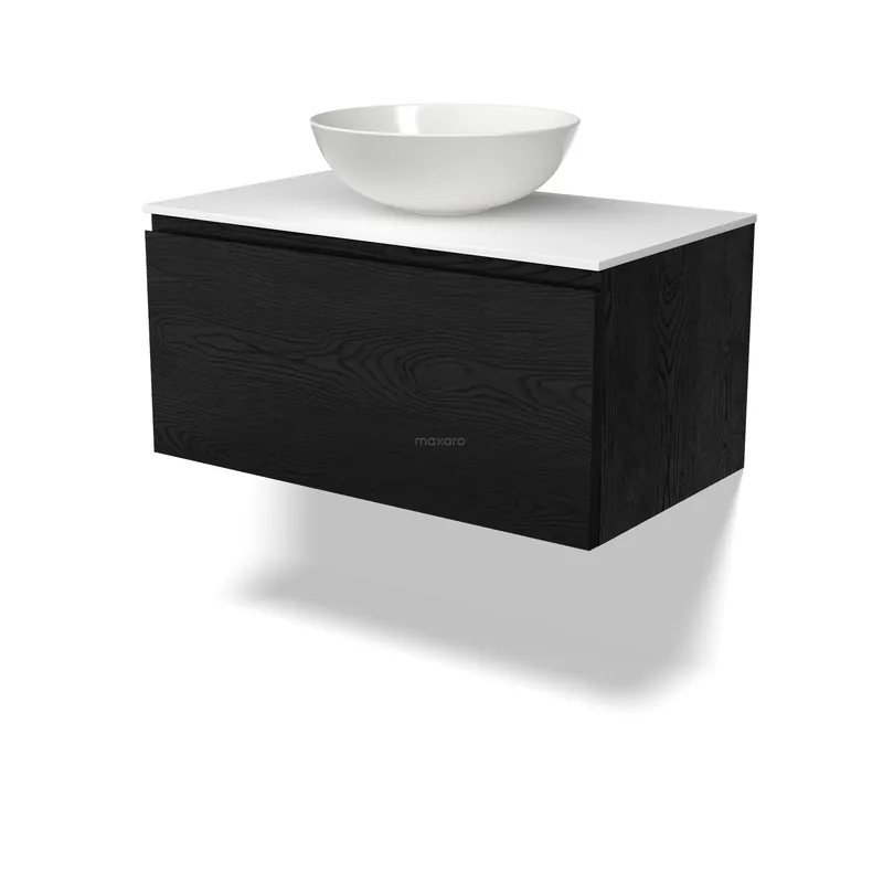 Modulo Plato Badkamermeubel voor waskom | 80 cm Zwart eiken Greeploos front Solid surface blad 1 lade Aanbieding