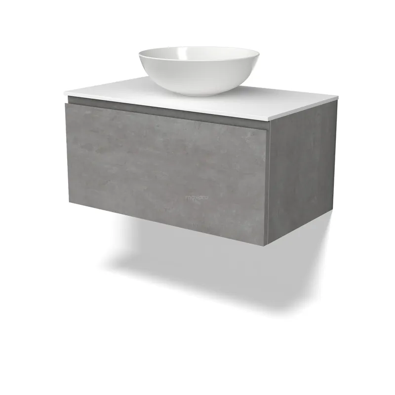 Direct Beschikbaar Modulo Plato Badkamermeubel voor waskom | 80 cm Lichtgrijs beton Greeploos front Solid surface blad 1 lade