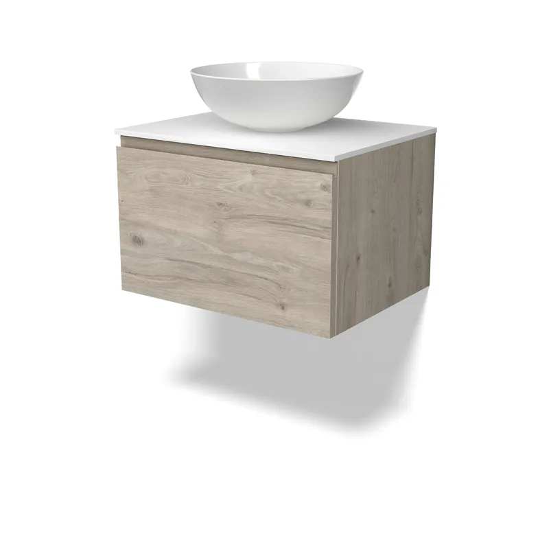 Modulo Plato Badkamermeubel voor waskom | 60 cm Lichtgrijs eiken Greeploos front Solid surface blad 1 lade Seizoensaanbieding