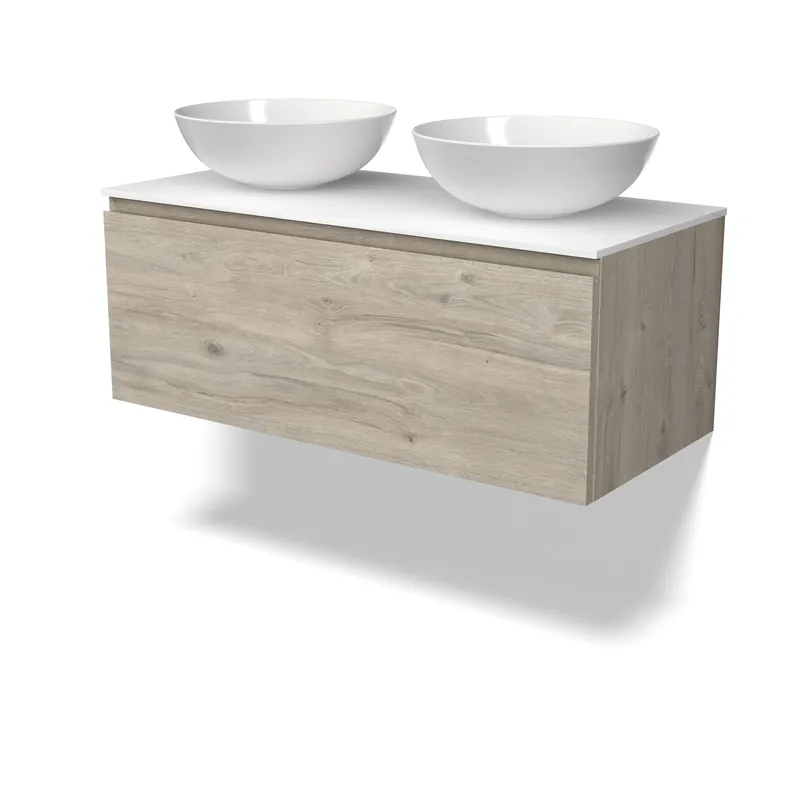 Plaats Bestelling Modulo Plato Badkamermeubel voor waskom | 100 cm Lichtgrijs eiken Greeploos front Solid surface blad 1 lade