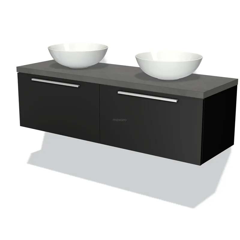 Aanbieding Modulo Plato Badkamermeubel voor waskom | 140 cm Mat zwart Vlak front Donkergrijs beton blad 2 lades naast elkaar